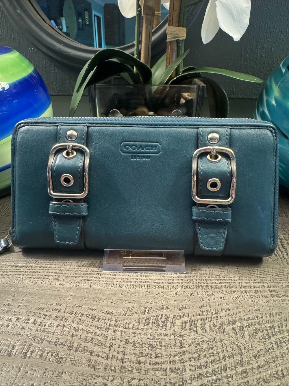 Coach Zoe Double Buckle Silver Tone Teal Leather Clutch Wallet in EUC Fits Phone